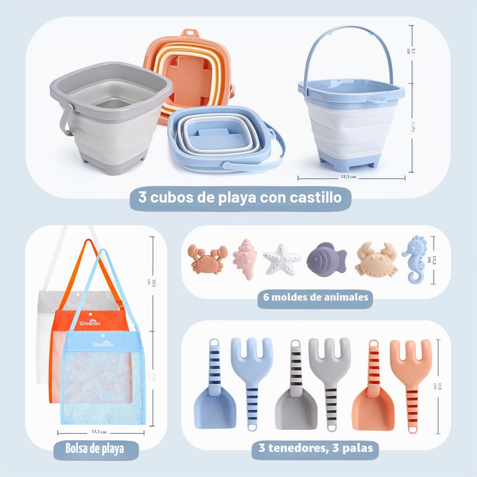 Dreamon Juguetes de Playa para Niños Bebe, 18 Piezas Juguetes de Arena con Cubo Playa Plegable Palas Rastrillo Moldes de Arena, Juguete Playa para Niños Niñas 3 4 5 (Azul, Naranja, Gris)