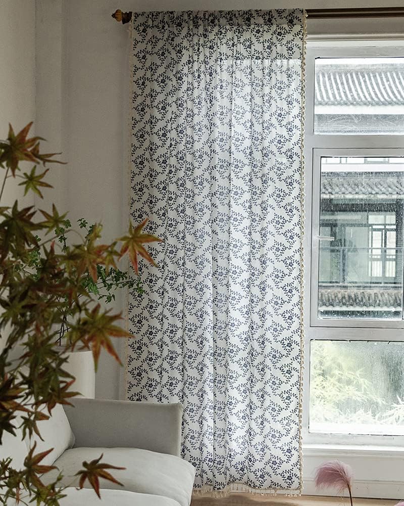 vctops Vintage Floral Print Window Curtains with Tassels Semi-Blackout Cotton Linen Curtains Rod Pocket Window Drapes for Dining Living Room Bedroom (Flower,59"x71")