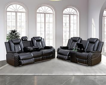 Power Recliner Sofa Set, Air Leather Reclining Couch with LED/Cup Holders/Storage, 2 Pieces Reclining Living Room Furniture, Black Leather Sofa and Loveseat for House/Apartment/Office