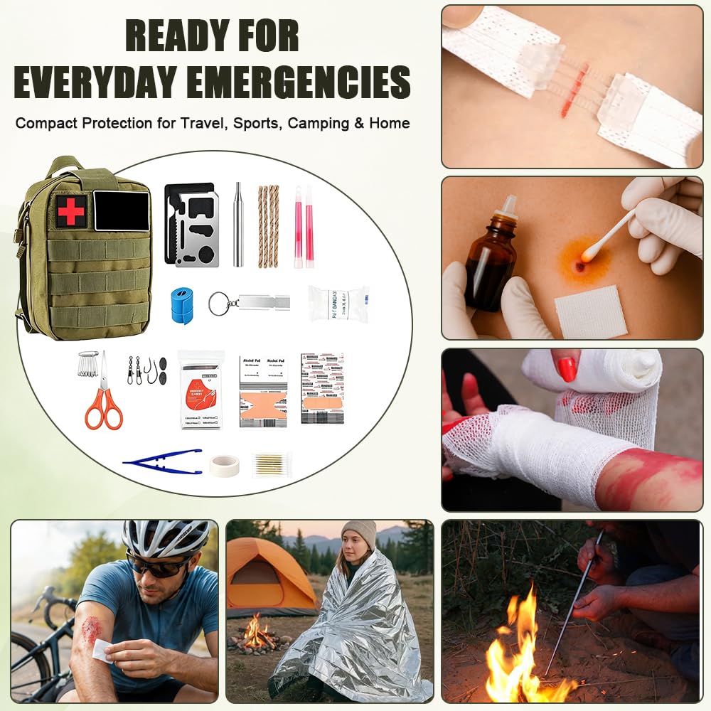 Kit de supervivencia de emergencia al aire libre con kit de primeros auxilios, 66 unidades de equipo de supervivencia al aire libre con multiherramienta, pala plegable, manta de rescate, kit de