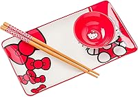 Vista 1 de Silver Buffalo Sanrio Hello Kitty - Juego de sushi de cerámica con lazo rojo y blanco con plato de salsa y palillos a juego
