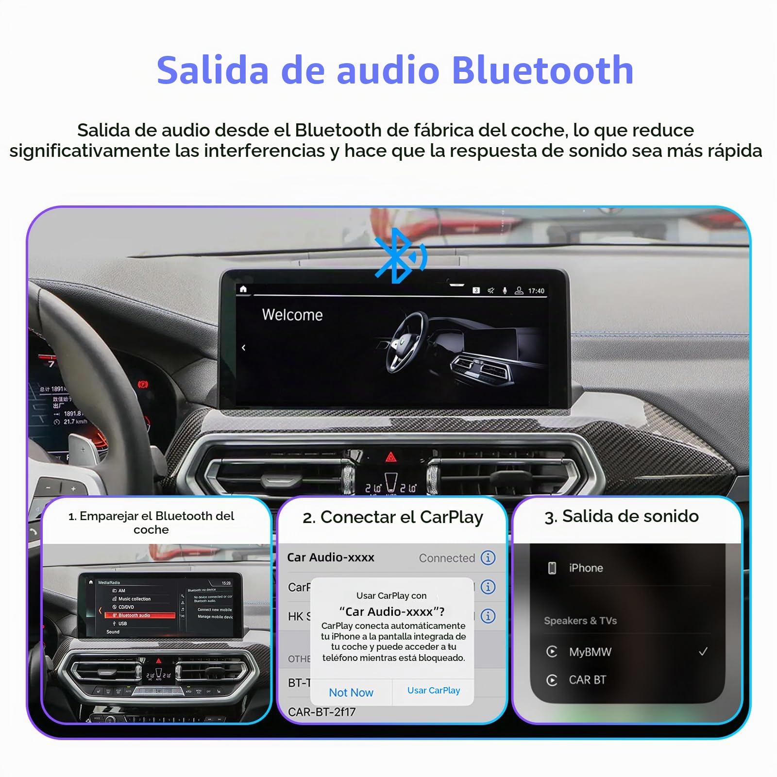 Kit de decodificador inalámbrico CarPlay y Android Auto para BMW EVO 2016+ | Plug & Play Adaptador inalámbrico CarPlay para BMW sistema EVO MGU ID5 ID6 ID7 con SWC WIFI Bluetooth Siri Navegación GPS