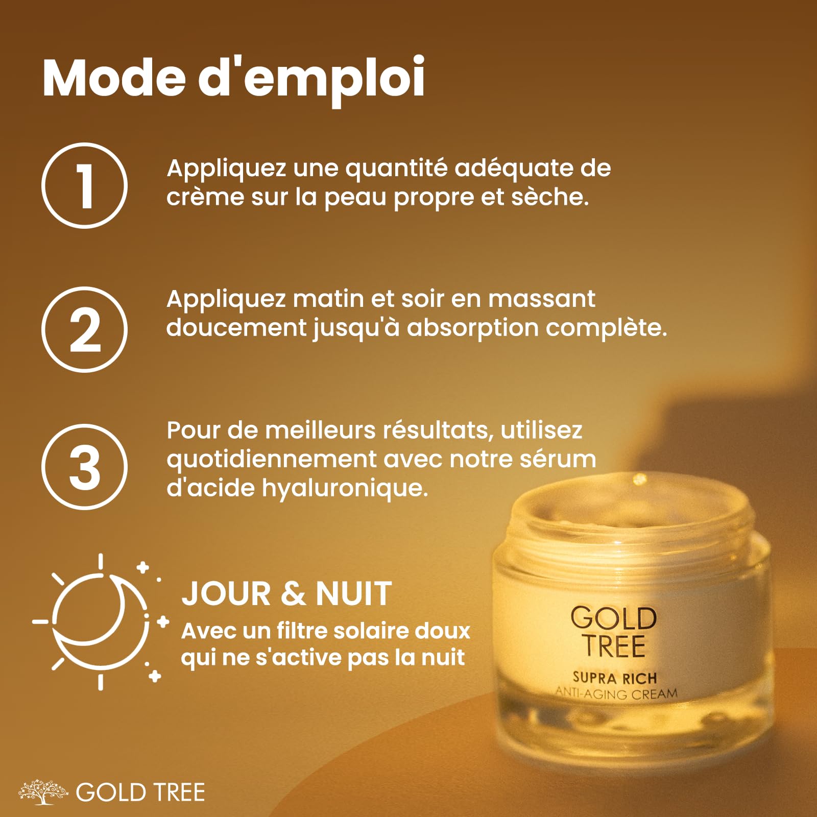 GOLD TREE Crème Anti-Âge à l'Acide Hyaluronique pour une Absorption Rapide 50 ml. Soin du Visage pour Femmes. Crème de Jour et de Nuit pour le Soin de la Peau. Crème Visage Anti-Boutons pour Femmes