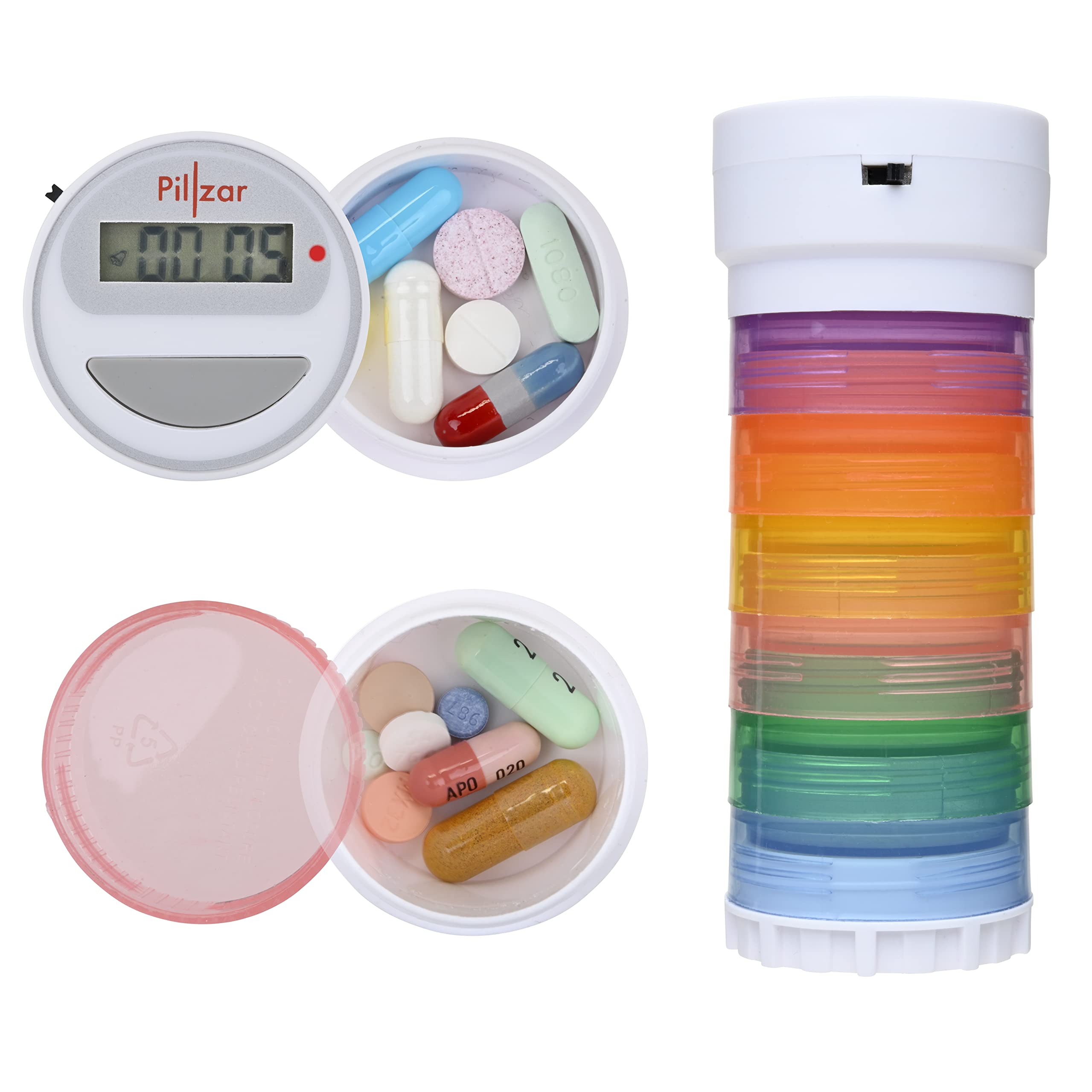 Portable Stackable Pill Organizer and Timer Cap with 14 Countdown Alarm presets. Comes with 1 Timer, 6 Small Stackable Containers, 1 Large Container, and 2 Magnetic Adapters. Travel Friendly.