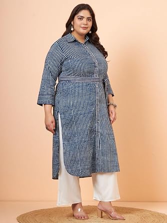 Tissu Women's Indigo Striped Pure Cotton Shirt Style Kurta with Palazzo