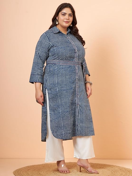 Tissu Women's Indigo Striped Pure Cotton Shirt Style Kurta with Palazzo