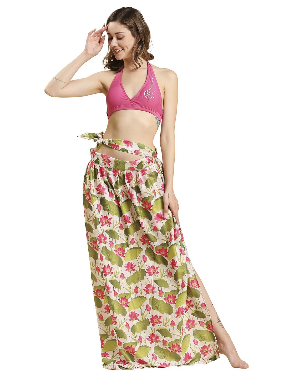 dupatta bazaar Women's Lotus Printed Crepe Tie Up Long Skirt Sarong Beach Cover Up Sarong Wrap, Free Size-picture-11