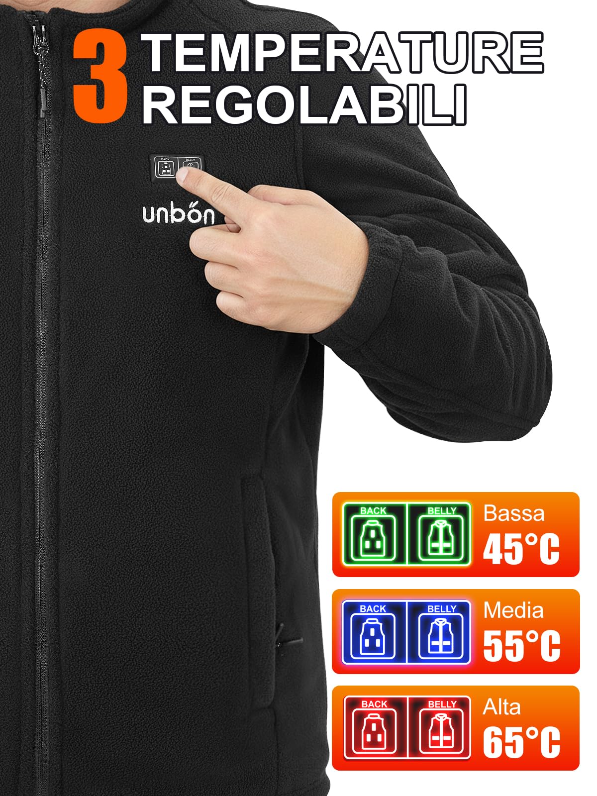 UNBON Giacca Riscaldata Uomo, Giubbotto Riscaldato Uomo con Batteria USB 10000mAh, Giacca Riscaldante in Pile con 3 Temperatura 6 Zone di Calore, Giubbotto Termico Riscaldante Manica Lunga