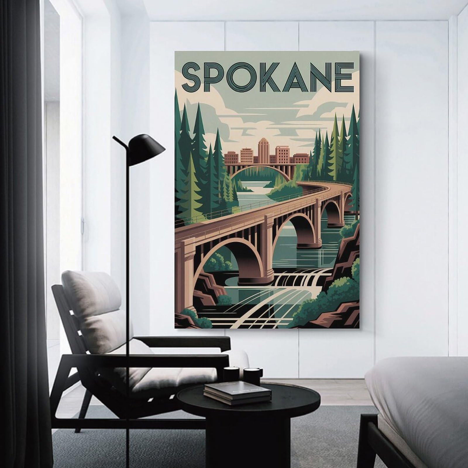 Junmoney Spokane Travel Wall Art Print, 24x36inch(60x90cm), for Entryway, Lounge Links Or Small Walls, Decorative Canvas Styling for Entry Areas