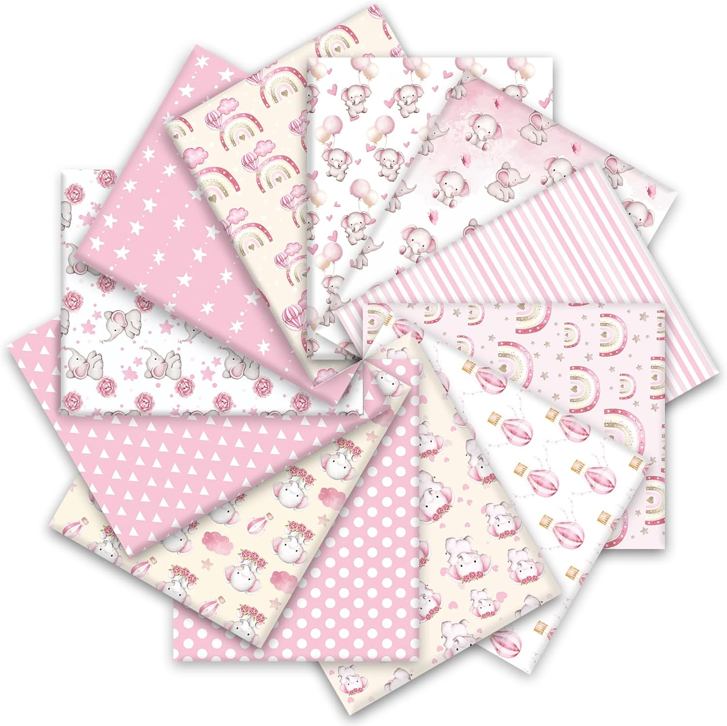 12Pcs Baby Shower Cotton Fabric Bundles Pink Elephant Hot Air Balloon Star Fat Quarters Cute Sewing Fabrics for DIY Handmade Crafts, 18 x 22 Inch