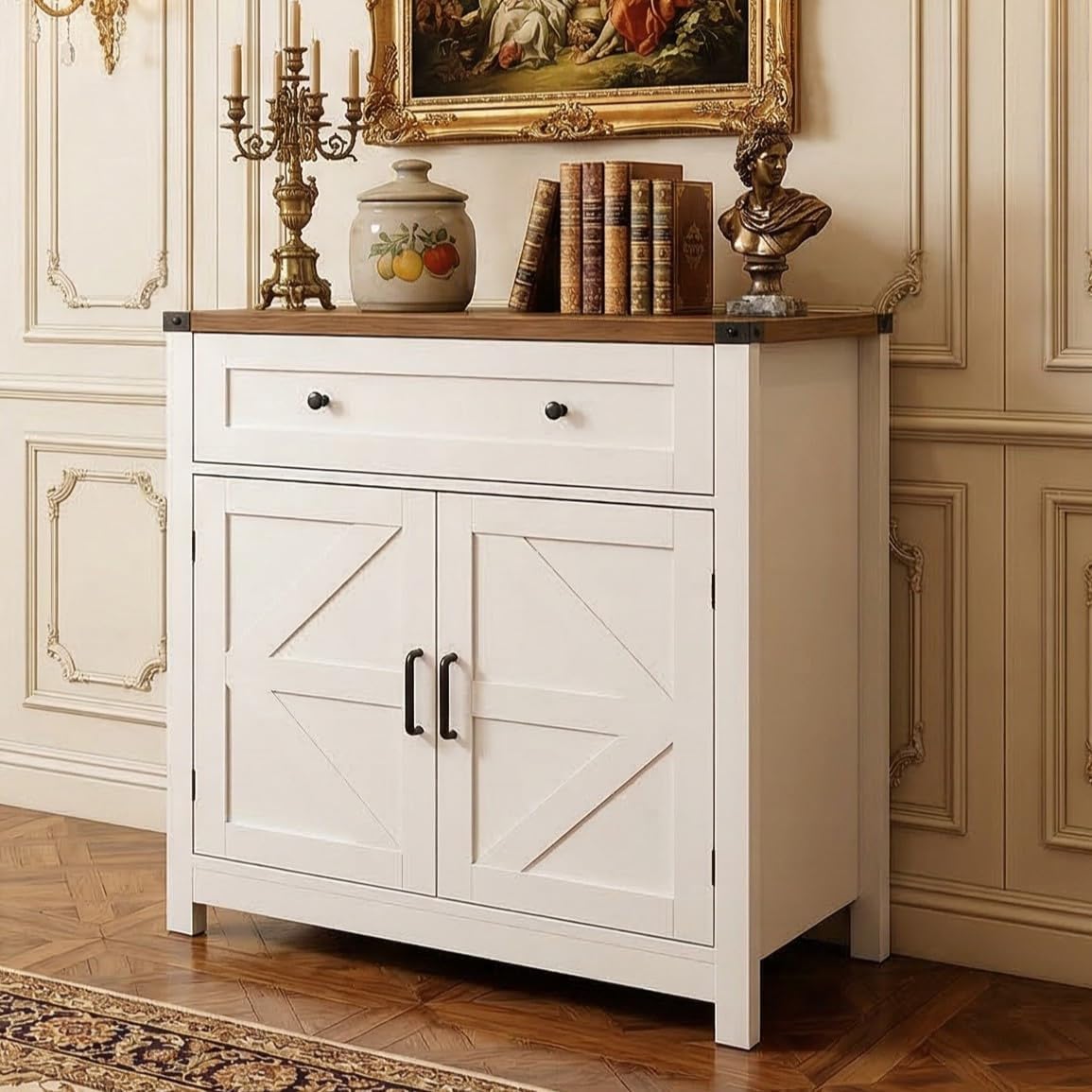 31'' Farmhouse Modern Kitchen Storage Cabinet, Coffee Bar Cabinet with Drawer and Adjustable Shelf, Buffet Sideboard with Drawer for Kitchen, Dining Room, Entryway, Bathroom, White