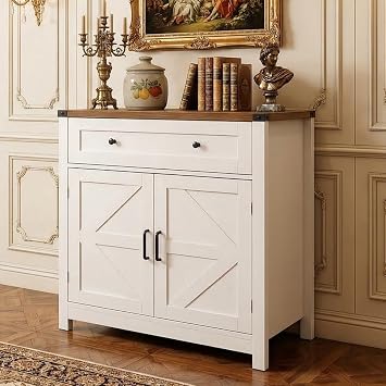 31 Farmhouse Modern Kitchen Storage Cabinet, Coffee Bar Cabinet with Drawer and Adjustable Shelf, Buffet Sideboard with Drawer for Kitchen, Dining Room, Entryway, Bathroom
