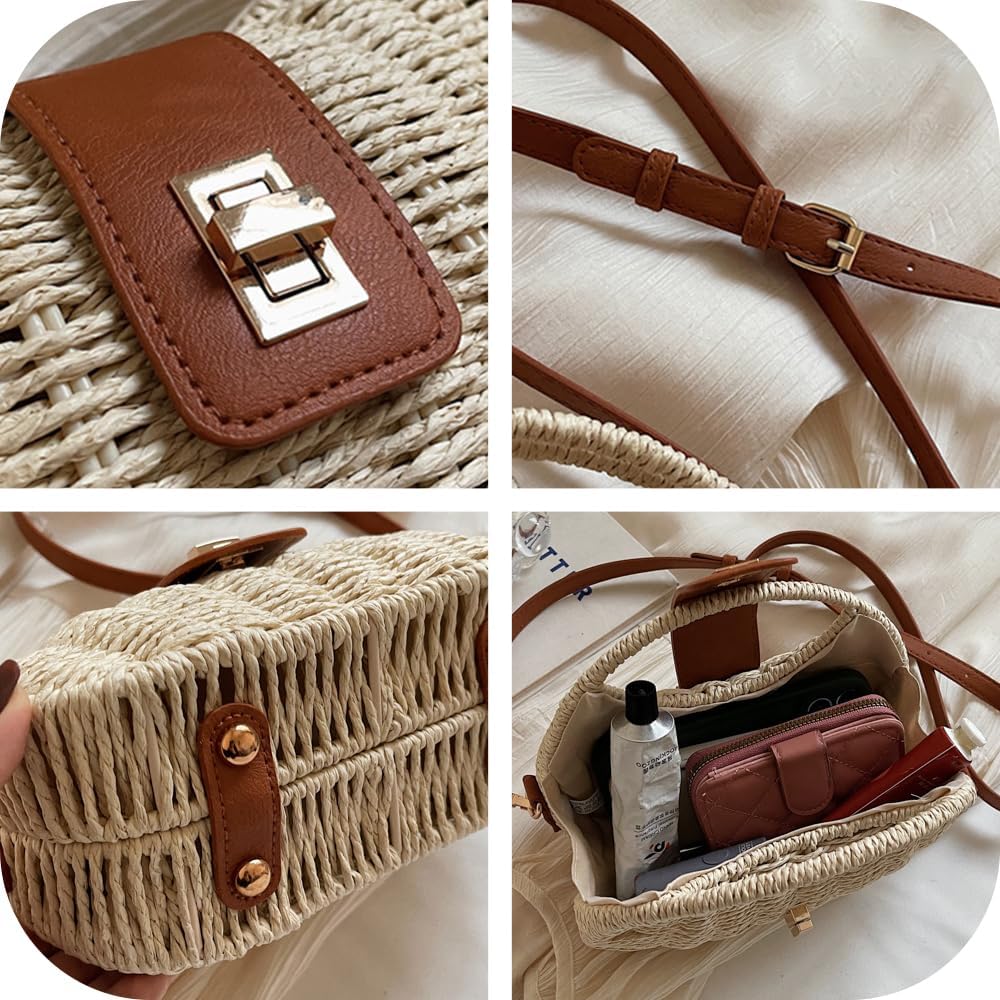 Small Top Handle Beach Handbag for Women Rattan Woven Purse Crossbody Shoulder Boho Bag Satchel for Summer Vacation