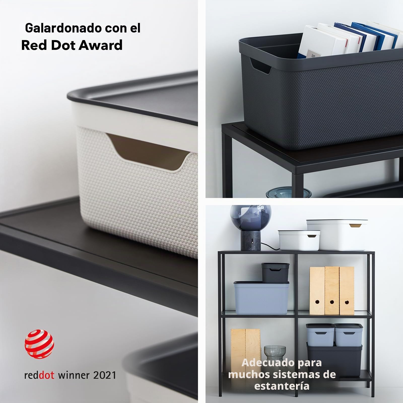 Juego de 3 cajas de almacenamiento Jive Dekobox de 16 l con tapa, plástico (PP reciclado), gris oscuro, 3 x 16 l (36,5 x 27 x 27 cm)