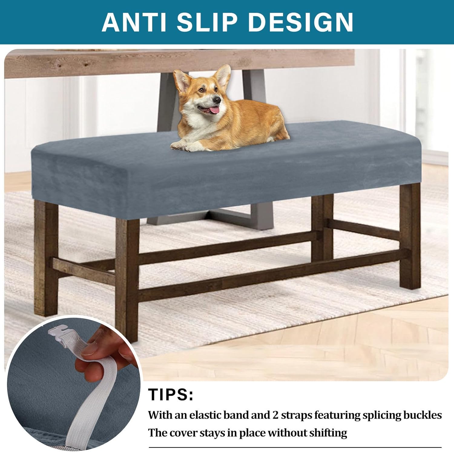 Soft Dining Bench Cover Velvet Bench Cushion Covers Stretch Rectangle for Dining Room Removable Washable Bench Seat Protector Cover Gray Blue Large