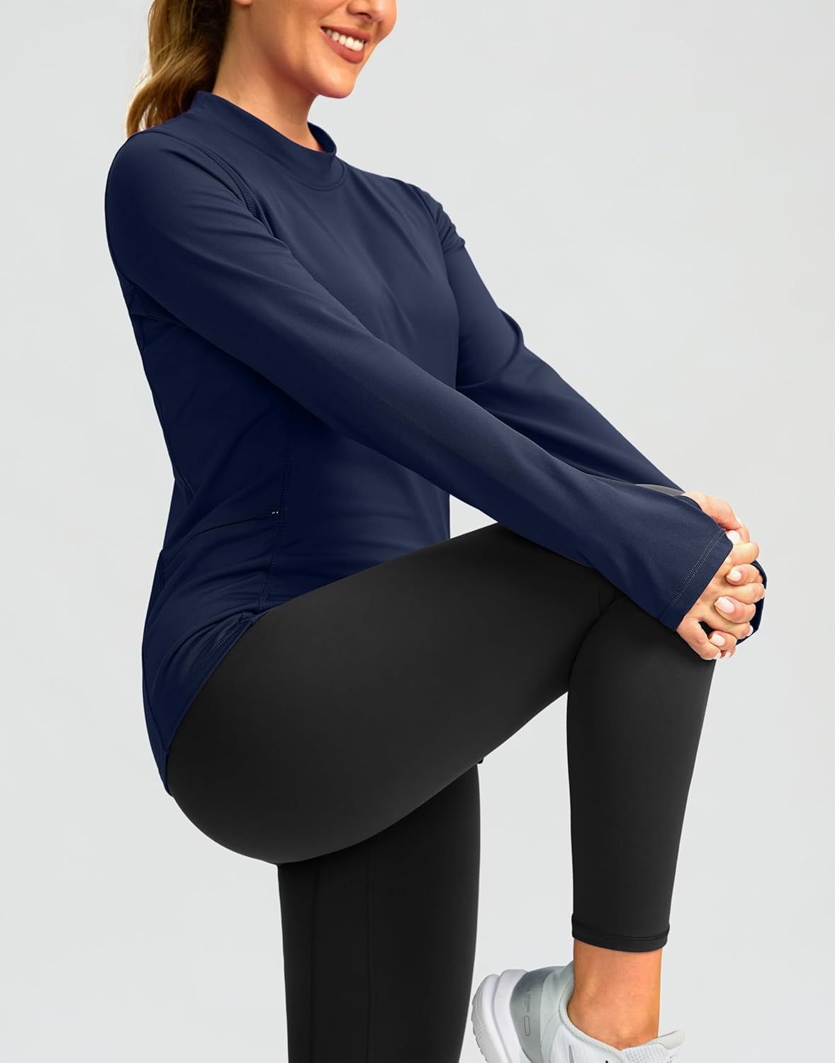 SANTINY Long Sleeve Thermal Shirts for Women Fleece Mock Neck Tops Winter Workout Running Gear with Zipper Pockets