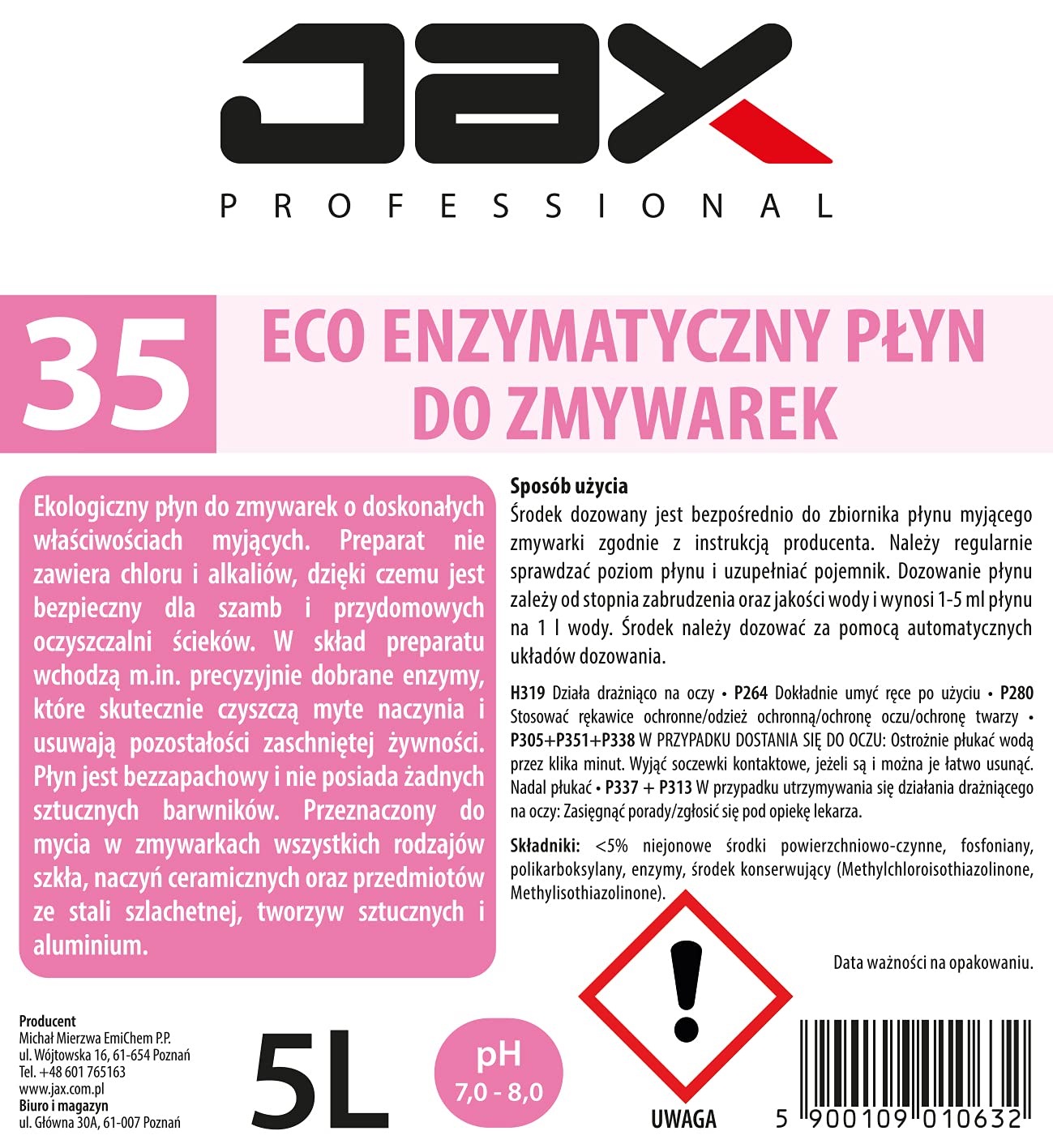 35 5L - ECO ENZYMATYCZNY PŁYN DO ZMYWAREK do mycia szkła, naczyń ceramicznych, mycia przedmiotów ze stali szlachetnej aluminium i tworzyw sztucznych