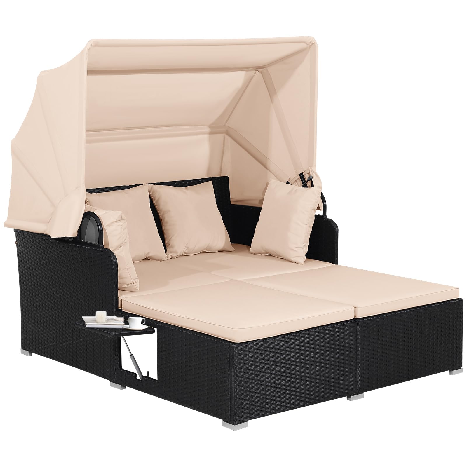 COSTWAY Lettino Prendisole per 2 Persone, Divano Letto Matrimoniale da Esterno in Rattan con Tettuccio Retrattile e Cuscini, Isola Prendisole per Giardino Cortile Balcone,165 x 153 x 138 cm (Beige)