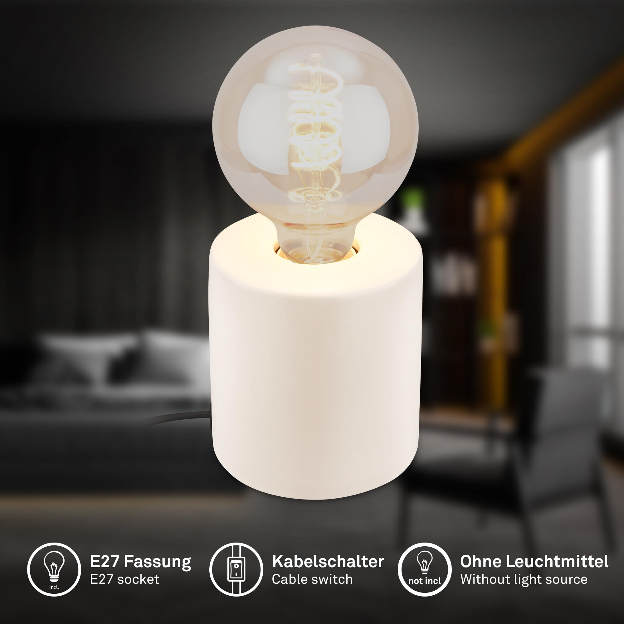 BRILONER - Lampa stołowa z przełącznikiem kablowym, ceramiczna podstawa, E27, maks. 10 W, lampka nocna, lampka, lampa biurowa, lampka do czytania, 10 x 10,3 cm, stara biel