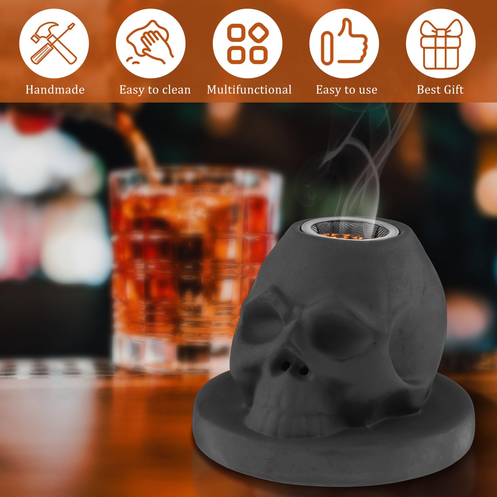 Kit de fumoir à cocktail en céramique en forme de crâne pour whisky, vin, boissons, bourbon, fumoir à l'ancienne, cadeaux uniques pour homme/père/mari/amis