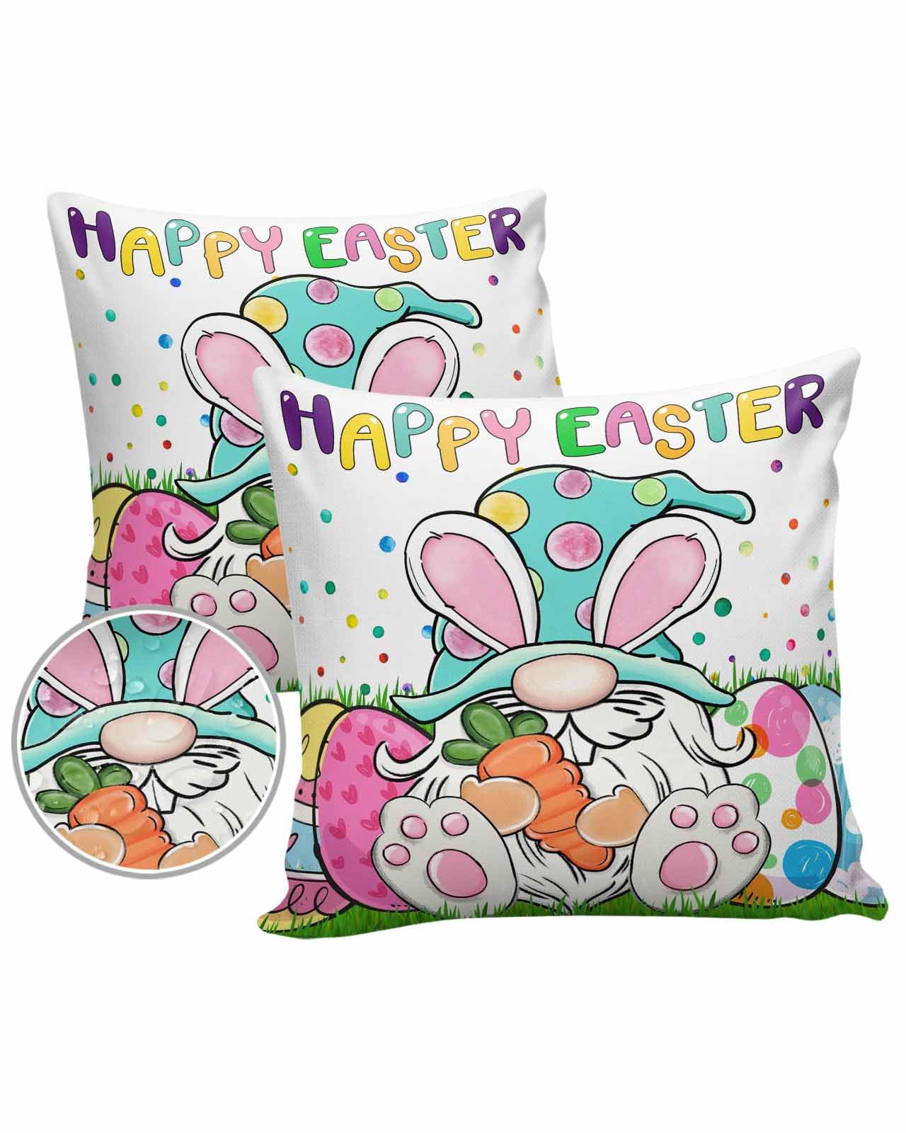 Boanket Outdoor Pillow Covers 24 x 24 in, Spring Easter Gnomes Waterproof Throw Pillow Cover Set of 2, Colorful Eggs Polka Dots Home Decorative Square Cushion Covers for Patio/Tent/Couch/Garden