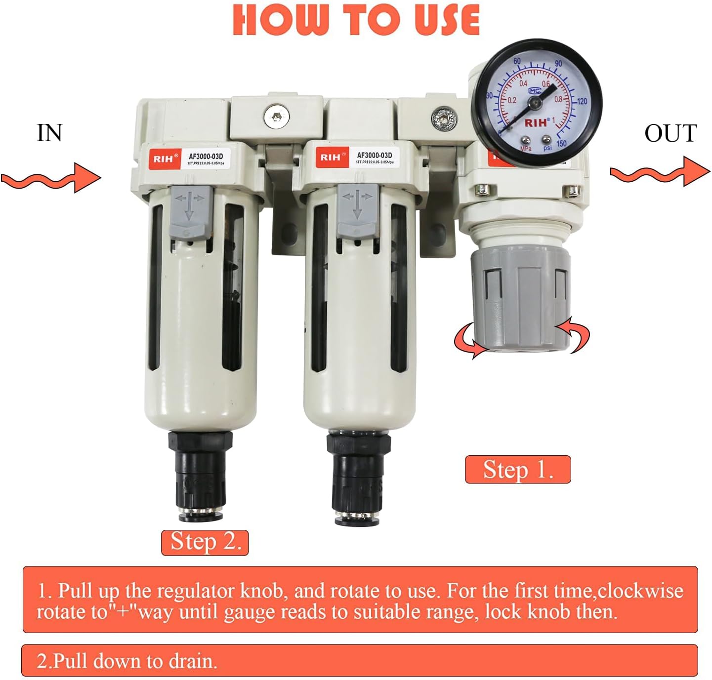 RIH Pneumatics 3/8'' NPT Auto Drain Compressed Air Double Filter & Regulator, Air Drying System, Air Compressor Water Separator, Auto Drain, Poly Bowl,0-150 psi Gauge, 5 Micron Brass Element(3/8 NPT)
