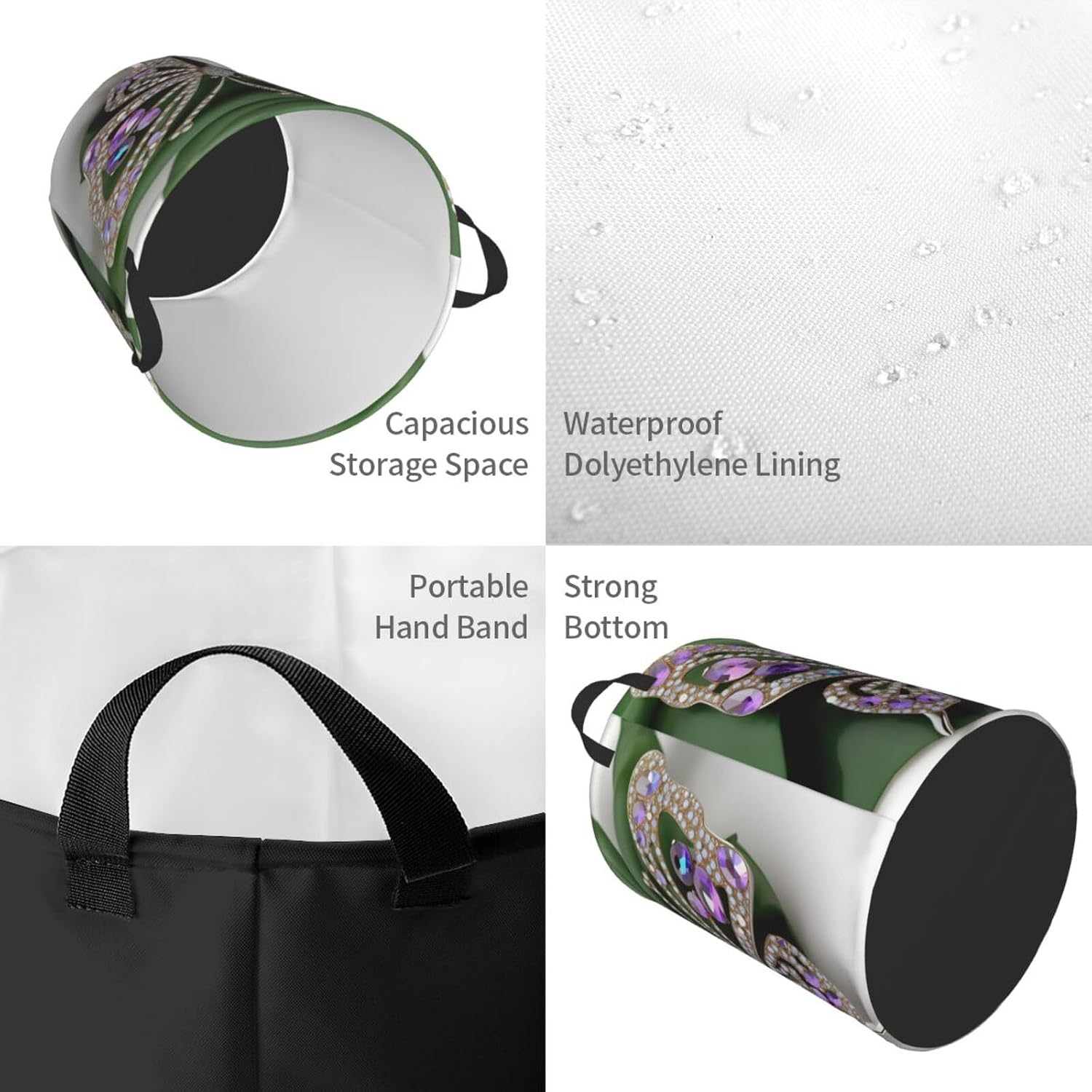 Rhinestone Butterfly Print Circular Protable Storage Bin,Basket For Laundry Hamper With Handles Bedroom Clothes
