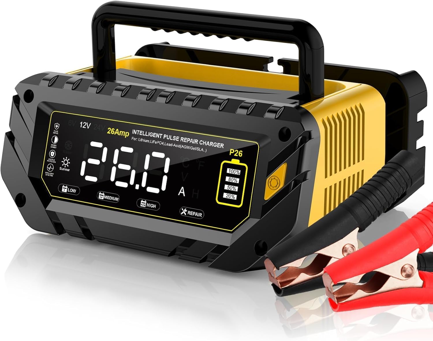 26-Amp Battery Charger for Lithium LiFePo4 Lead Acid Deep Cycle (AGM/Gel), 6V/12V/24V Battery Charger & Maintainer, Trickle Charger for Car Truck Motorcycle Lawn Mower Marine