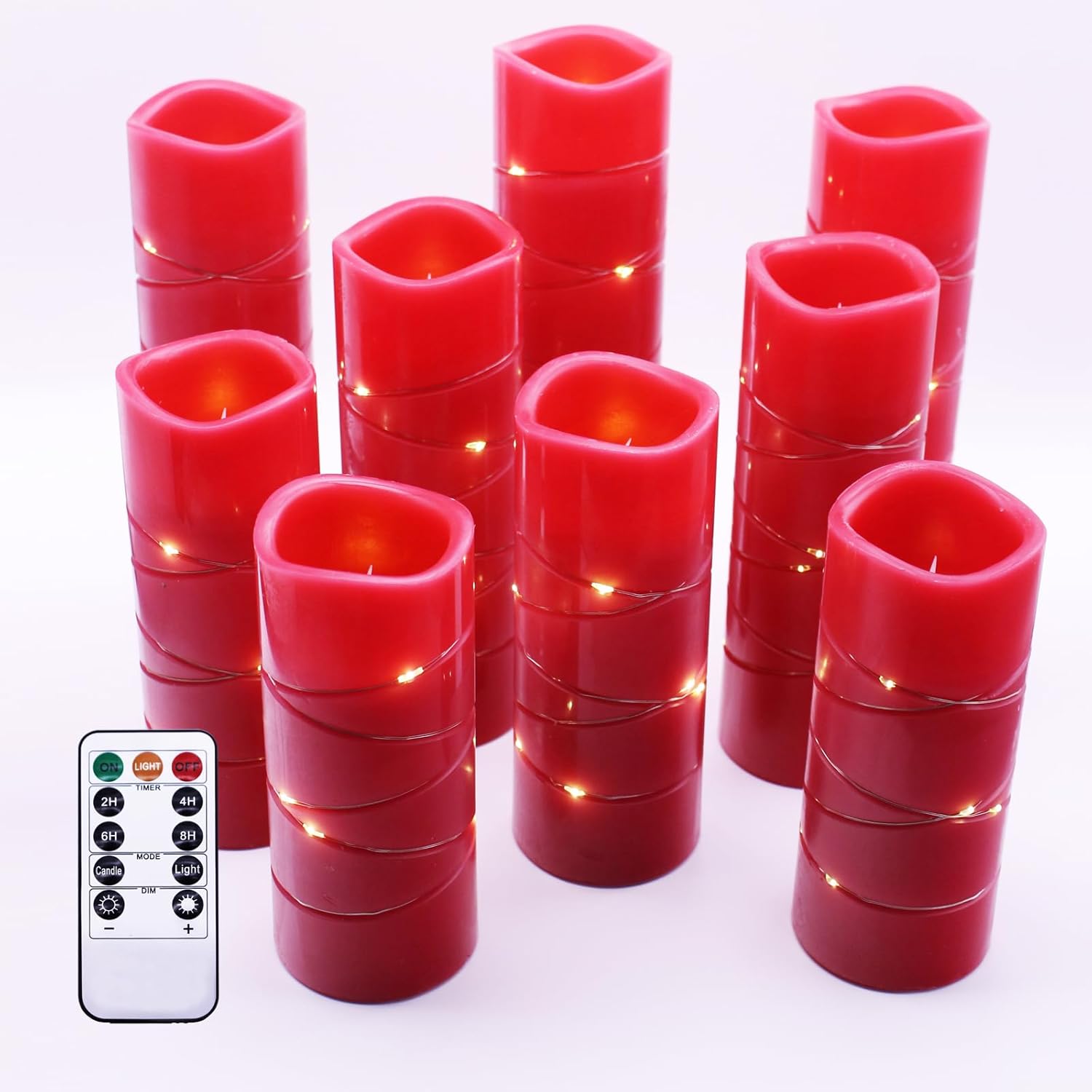 Red Flameless Pillar Candles with String Lights – 9 Pack Real Wax LED Candles, Remote Controlled with 2/4/6/8H Timer, Each Uses 2 AA Batteries (Not Included) for Christmas & Holiday Home Décor