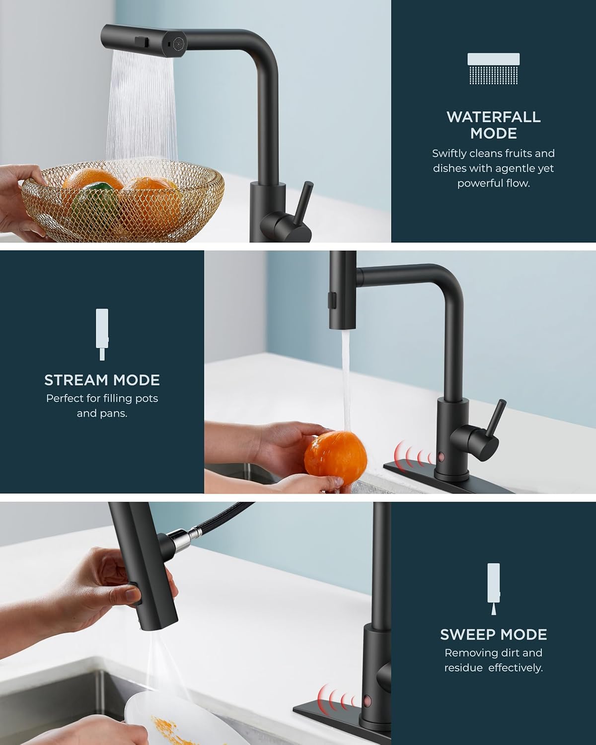 FORIOUS Touchless Waterfall Kitchen Faucets, Black Kitchen Sink Faucet with Pull Down Sprayer, Stainless Steel Modern Contemporary Kitchen Faucet Hands-Free for Laundry Bar Rv Farmhouse