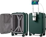 mixi Carry On Luggage PC Hardside Rolling Suitcase with Spinner Wheel TSA Lock with Cup Phone Holder USB Charging Port, Smoke White, 20-inch
