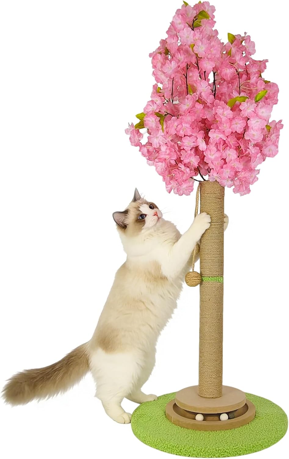 Cherry Blossom Cat Scratching Post, 31" Tall Natural Sisal Sturdy Base Tower with Interactive Trackball Toy for Indoor Kittens & Large Felines, Japanese Aesthetic Floral Furniture Decor