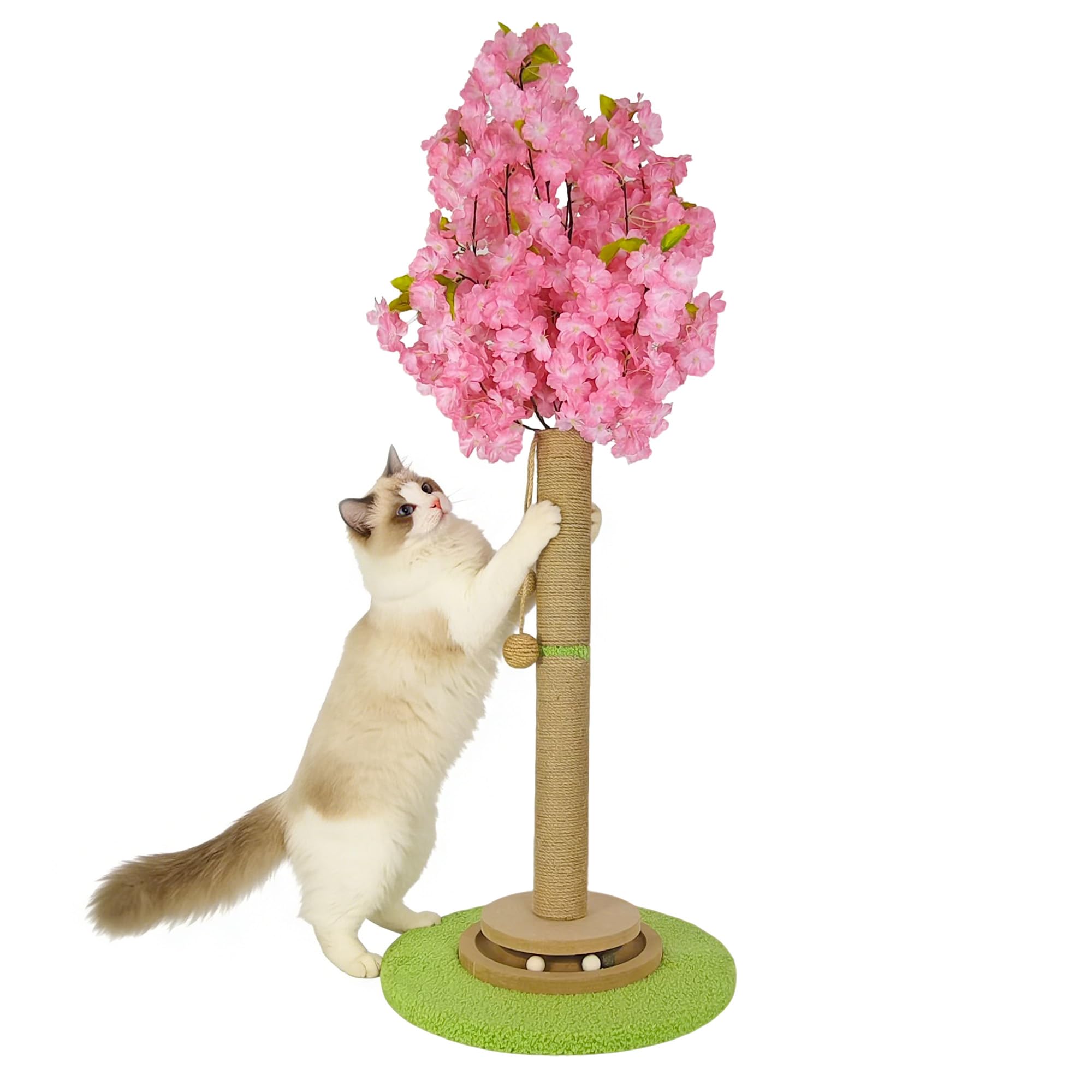 Kirschblüten-Kratzbaum, 91 cm hoch, natürlicher Sisal, stabile Basis, Turm mit interaktivem Trackball-Spielzeug für Indoor-Kätzchen und große Katzen, japanische ästhetische
