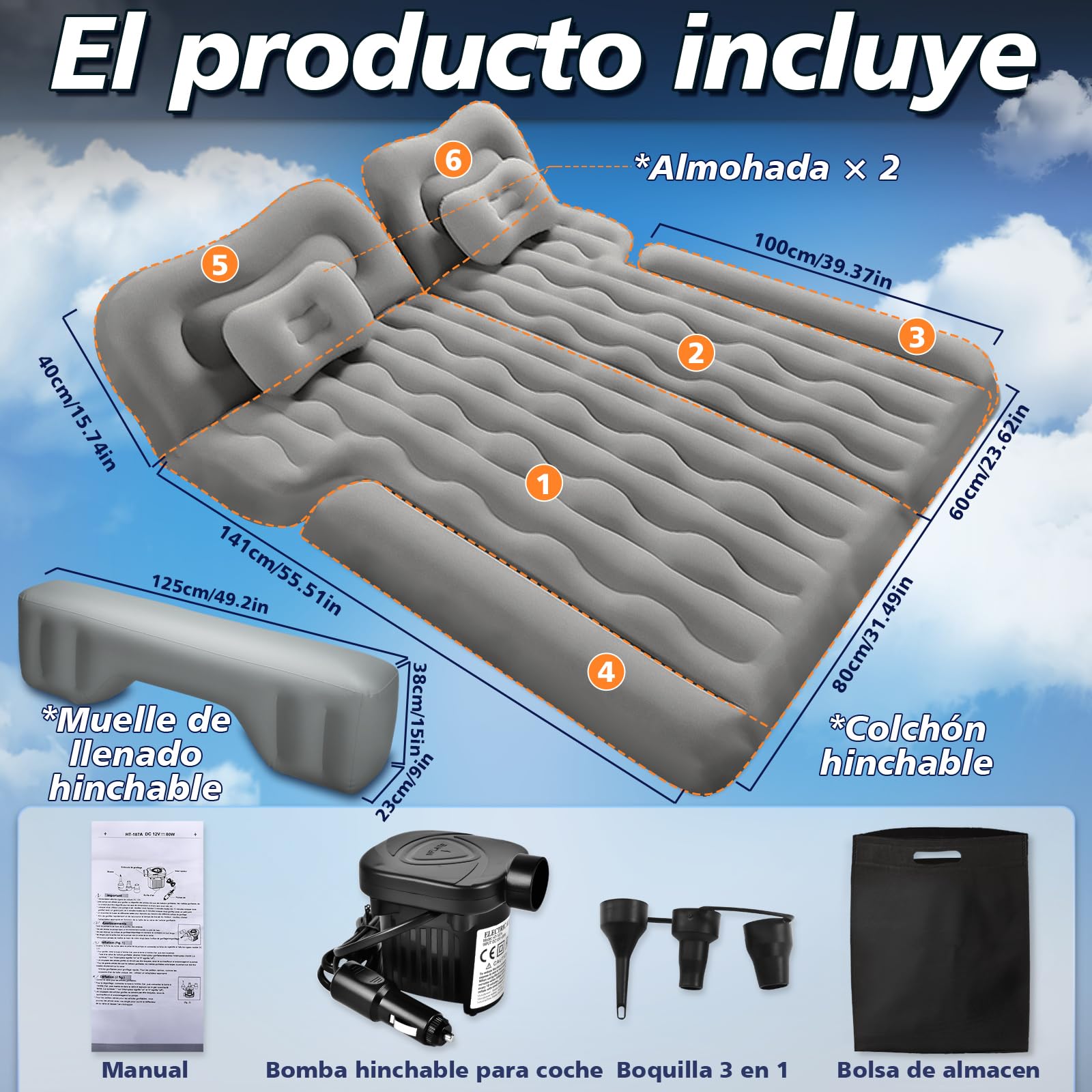 FORMIZON Colchon Coche, 180X140cm Cama Hinchable Coche con Bomba de Aire + 2 Almohadas para Cama del Asiento Trasero del Coche y SUV, Colchón de Aire Coche para Viaje y Camping (Gris)