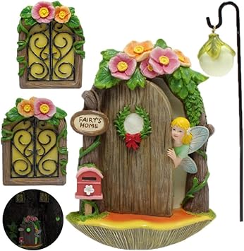 Fairy Door and Windows with Lantern Tree Stump Decor, Glow in The Dark Yard Art Sculpture Miniature Fairy Garden Accessories for Wall, Outdoor Decor