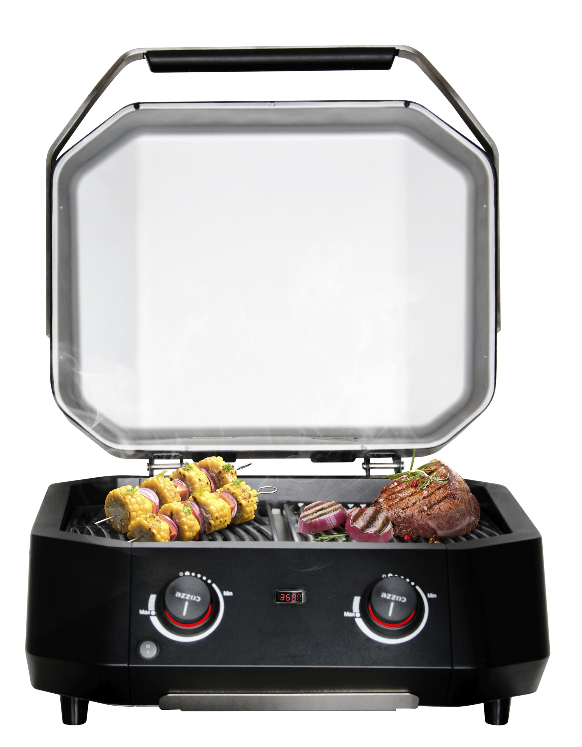Cozze® E-500 Barbecue elettrico 2 zone – 2100 W, 230 V, area 51 x 39 cm, termometro digitale, 2 resistenze inox SS430, manopola LED, vaschetta raccogli-grassi, fino a 400°C