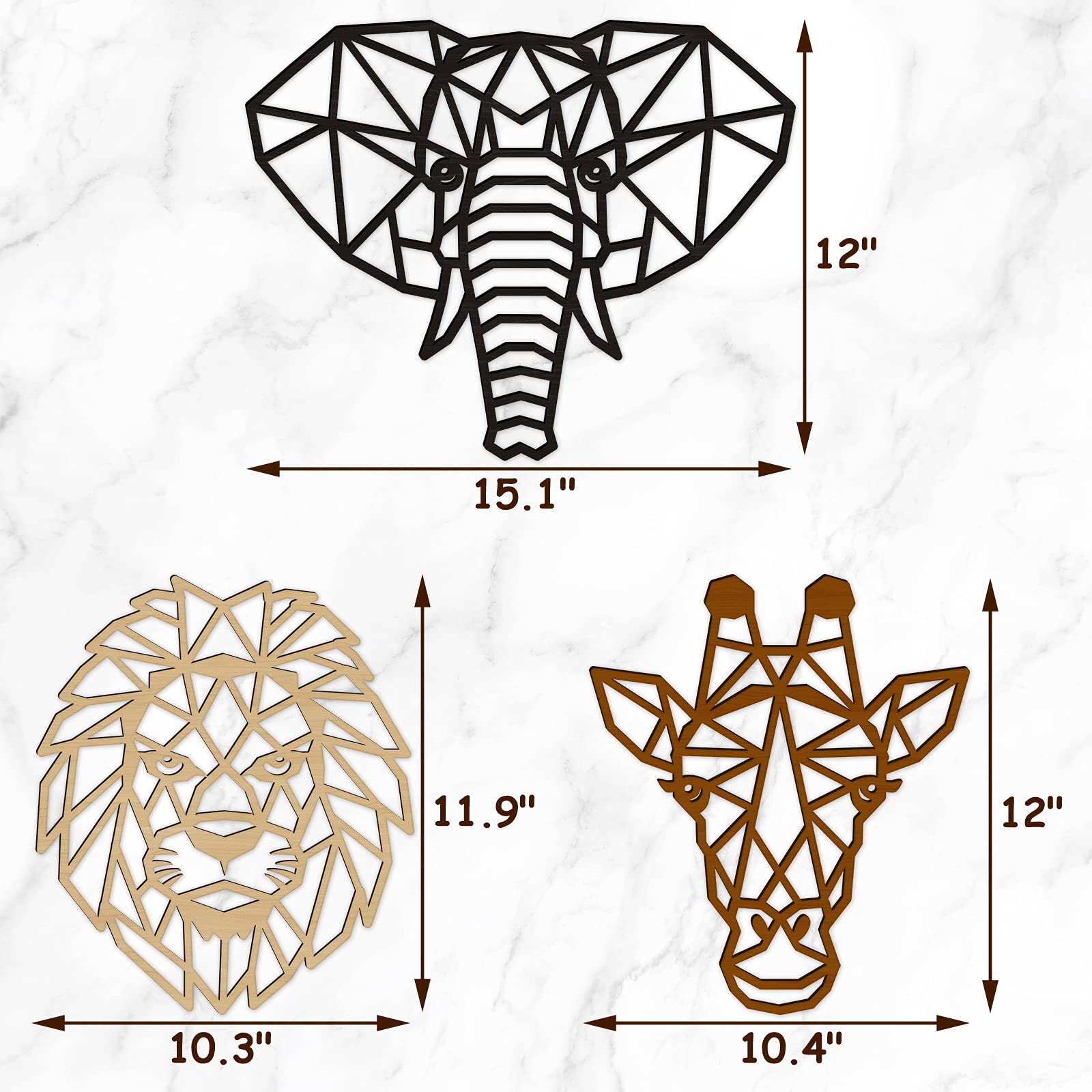 Animal Wall Art for Modern Living Room 3 Pieces Safari Decor for Bedroom Above Bed Jungle Theme Wood Heads of Lion, Elephant, Giraffe Art for Nursery Farmhouse Geometric Décor Wooden Large Colorful
