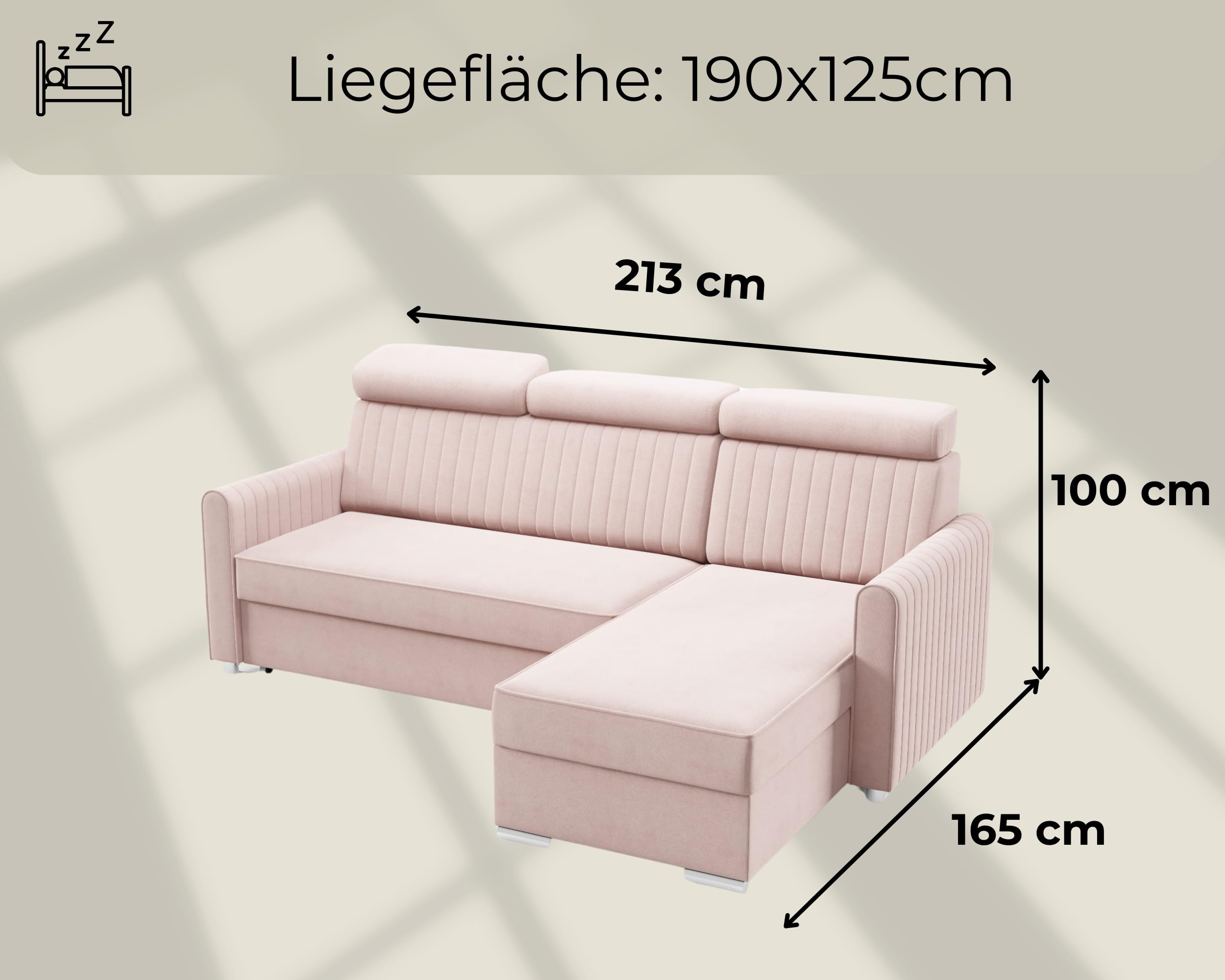 LIKMA Neli Narożnik Kremowy z Funkcją Spania i Pojemnikiem na Pościel 213x100x165 cm Sofa L Regulowane Zagłówki Nowoczesna Sofa Narożna do Salonu Tkanina Cloud