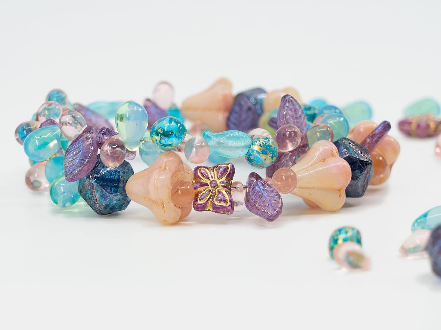 1.4oz (40g) Limited Mix of Czech Glass Beads, Hand Made Set Kit, Pink Bell Beads Purple English Cut image 4
