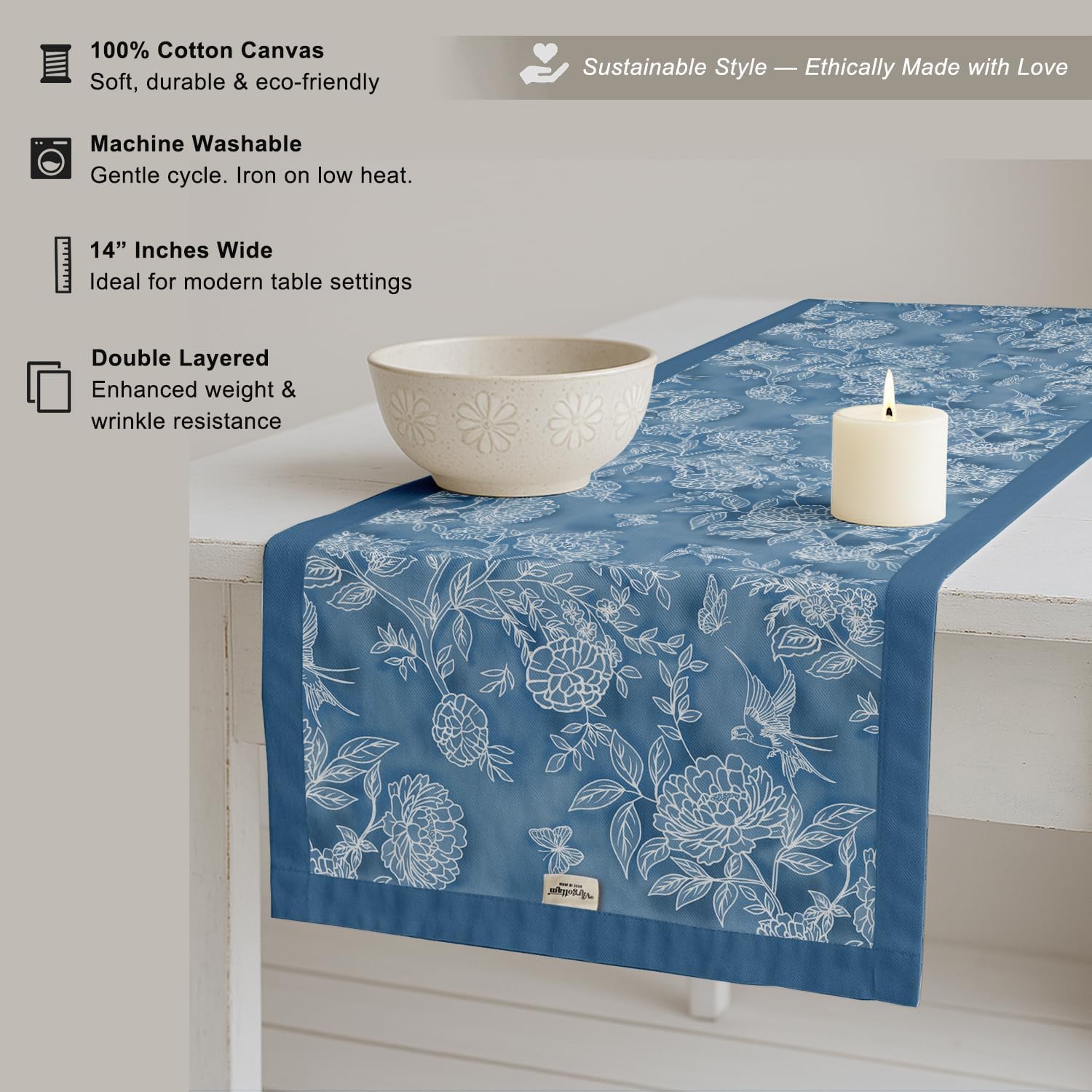 Decorative Table Runner - Double-Layered Cotton - 14 x 90 Inch with Elegant Border - Durable, Eco-Friendly - for Rustic, Boho & Modern Décor - Floral