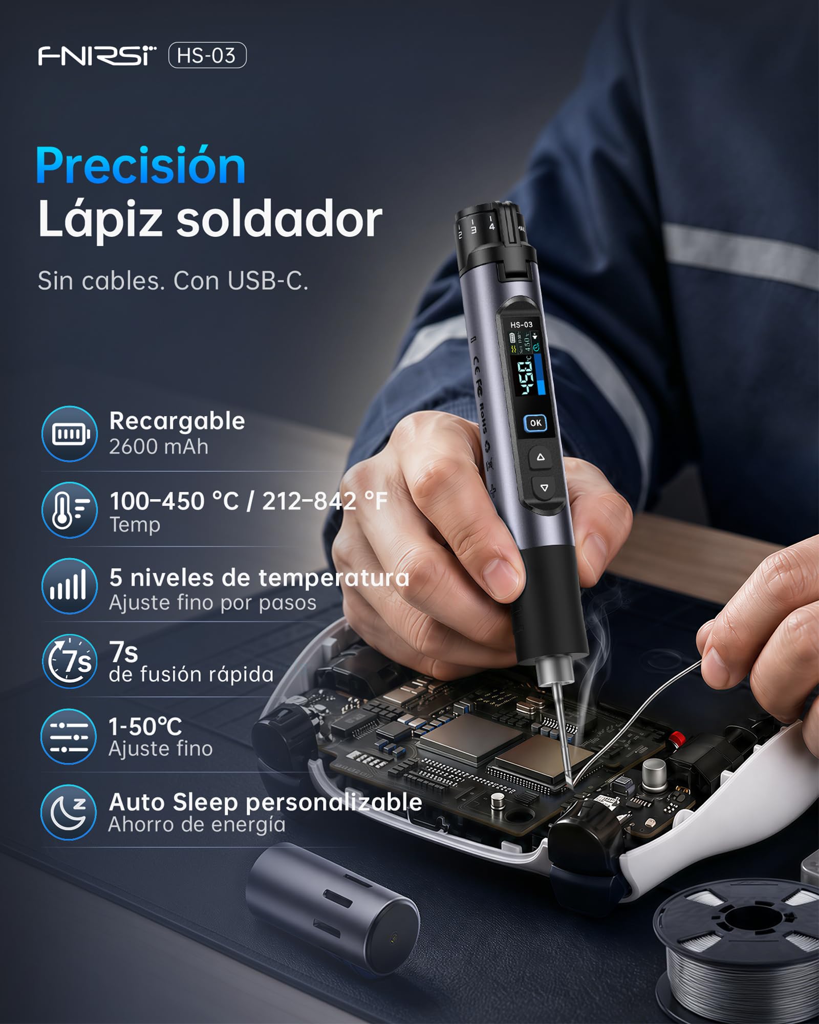 FNIRSI HS-03 Batería Soldador Kit Soldador Inalámbrico con Batería de 2600 mAh, 100-450 °C, calentamiento rápido 3s, 5 niveles de temperatura, pantalla IPS de 0,96 pulgadas, soldador portátil para