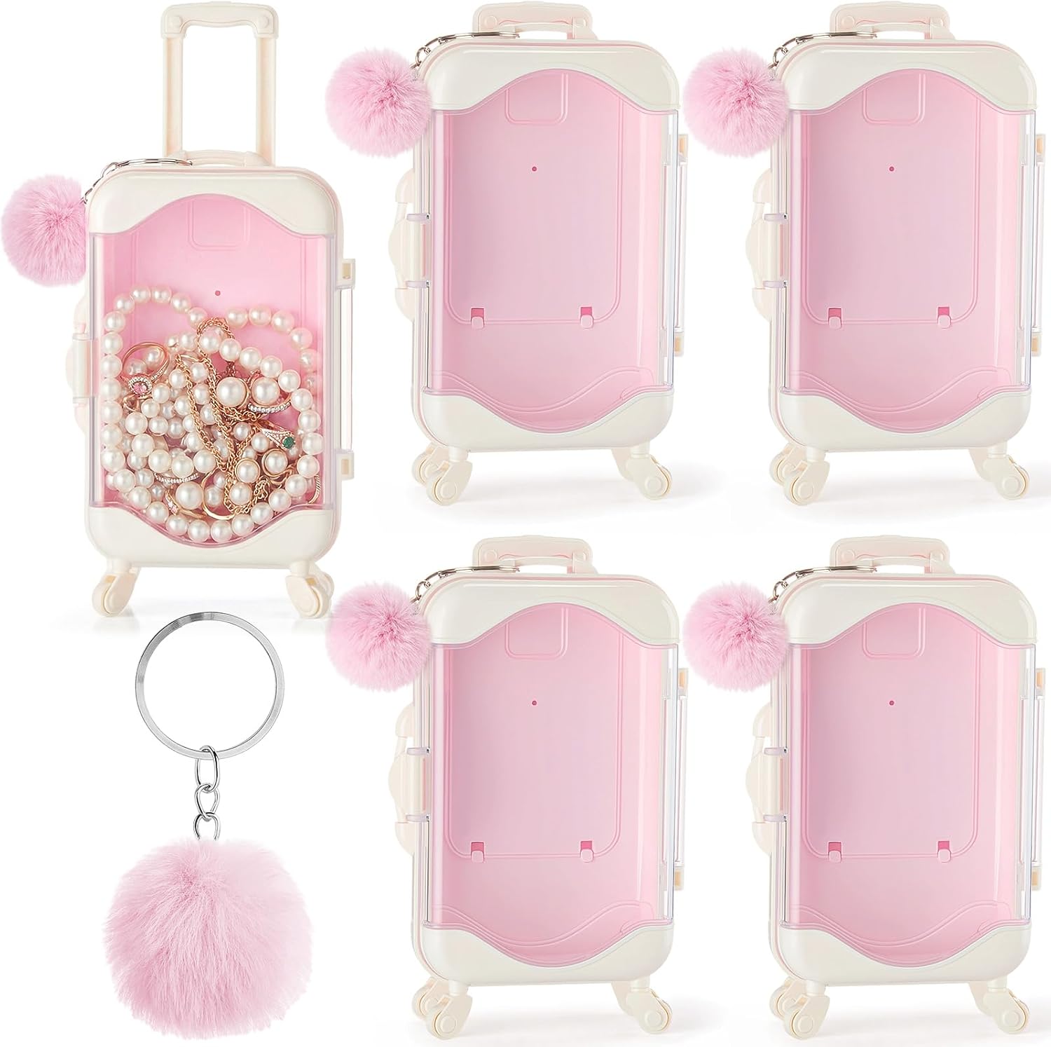 LemonRoad 4 Sets Mini Empty Suitcase Gift Box and Plush Ball Keychain Clear Candy Luggage Storage Containers Suitcase Packaging Case for Wedding Birthday Bridal Party (Pink)