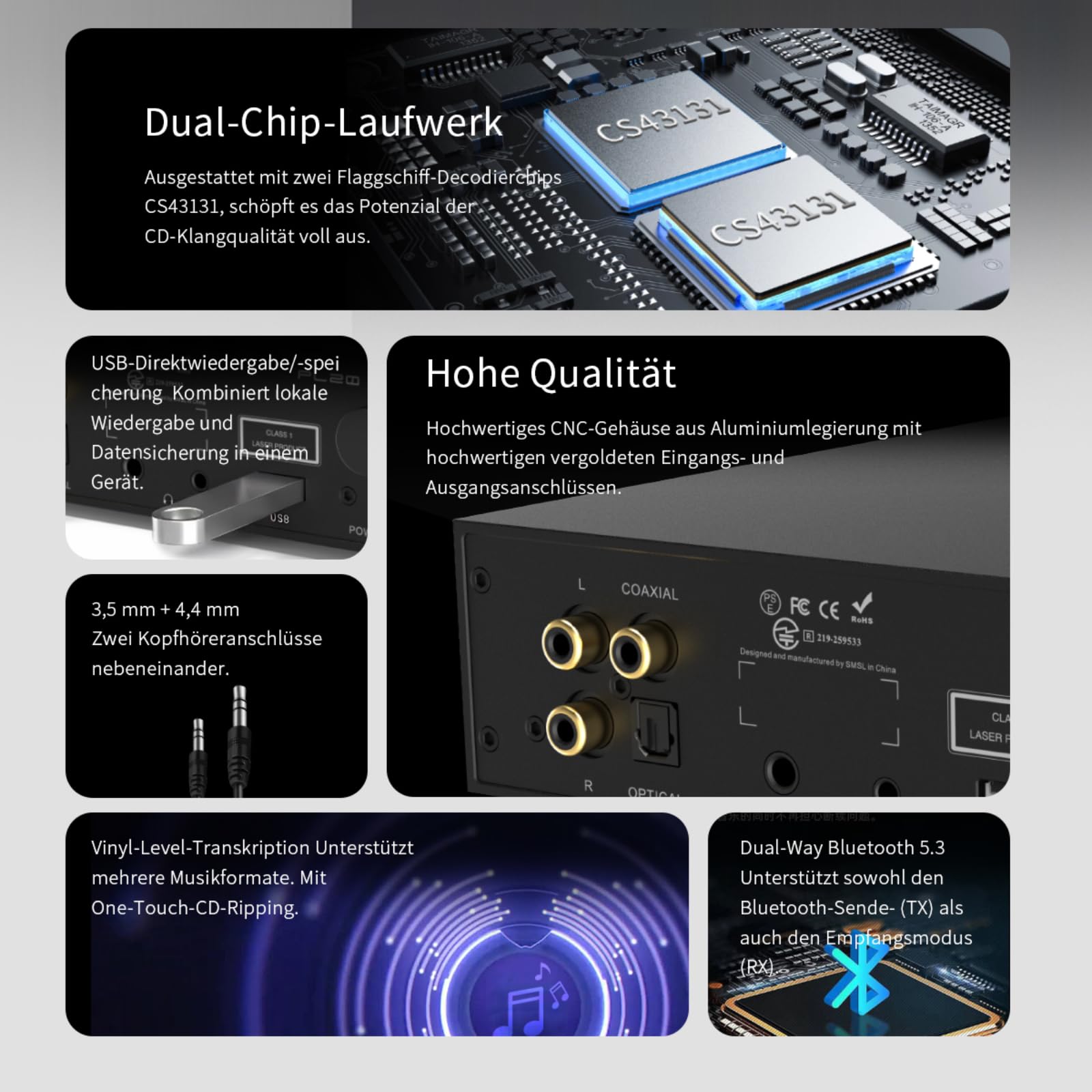 SMSL PL20 HiFi CD-Spieler für Zuhause, CD-Ripper, Bluetooth-Autoradio-CD-Player, 2×CS43131-Chip, USB-Stick/Bluetooth-Eingang, RCA/BT/3,5mm/4,4mm Symmetrisch/Optisch/Koaxial Digitaler Ausgang (Schwarz)
