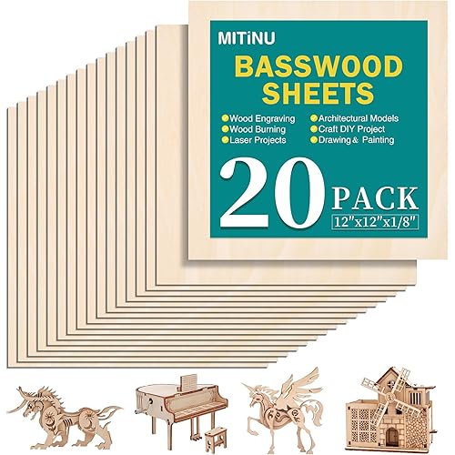 20 Pack Basswood Sheets for Crafts,12"x12"x1/8" 3mm Thick Plywood Sheets with Smooth Surfaces-Unfinished Squares Wood Boards for Laser Cutting, Wood Burning, Architectural Models, Staining