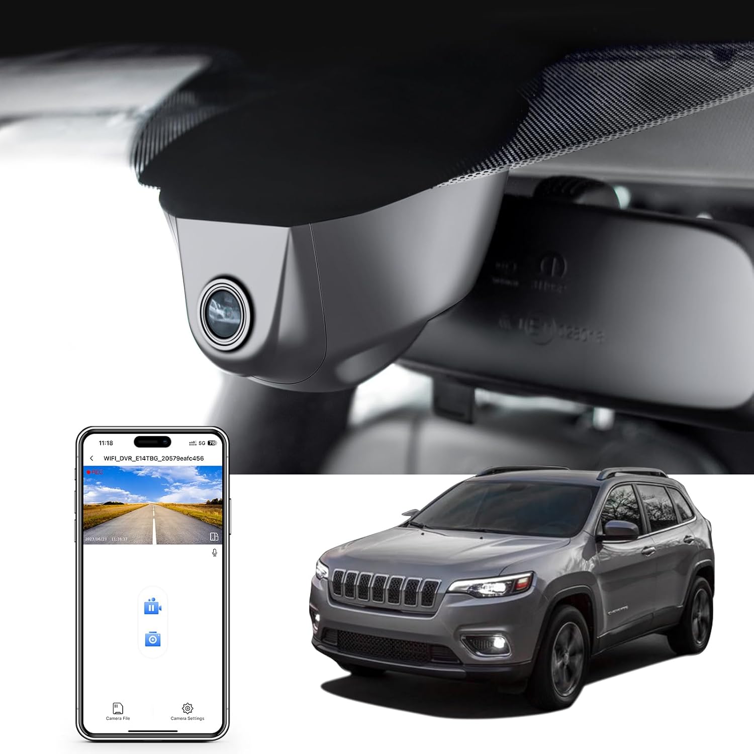 4K Dash Cam Custom fit for Jeep 5th Gen Cherokee 2014-2018 KL (Model A), Latitude Overland, Integrated OEM Look, UHD 2160P Video, Built-in WiFi, Free App and 64GB Card