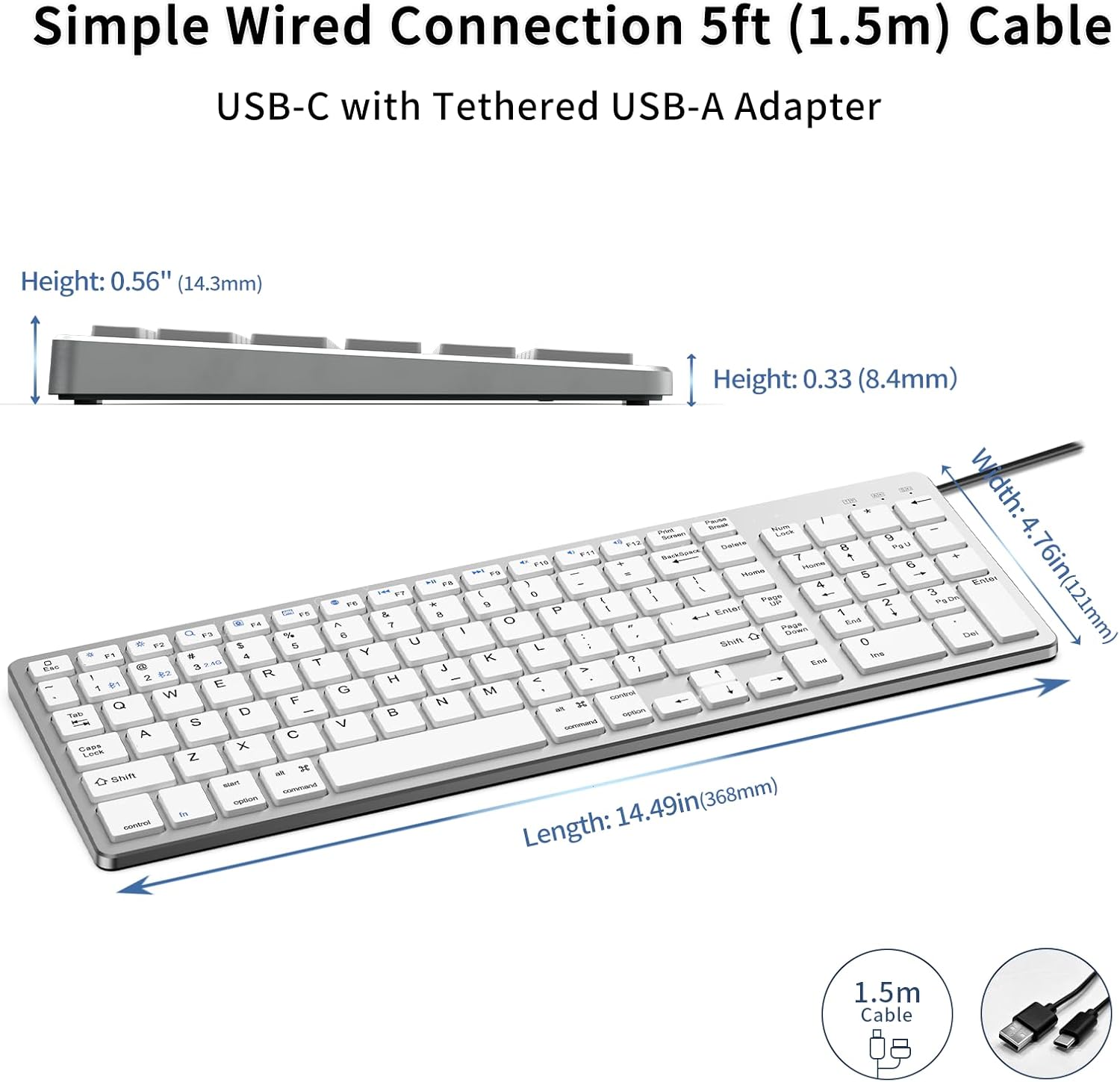 JKSML Wireless Keyboard with 102 Keys, Bluetooth and 2.4 GHz Wireless, Low Profile, Number Pad, Fluid Quiet Typing, 12 Programmable Keys, USB C Rechargeable, for Phone, Tablet, PC, Laptop, TV - White