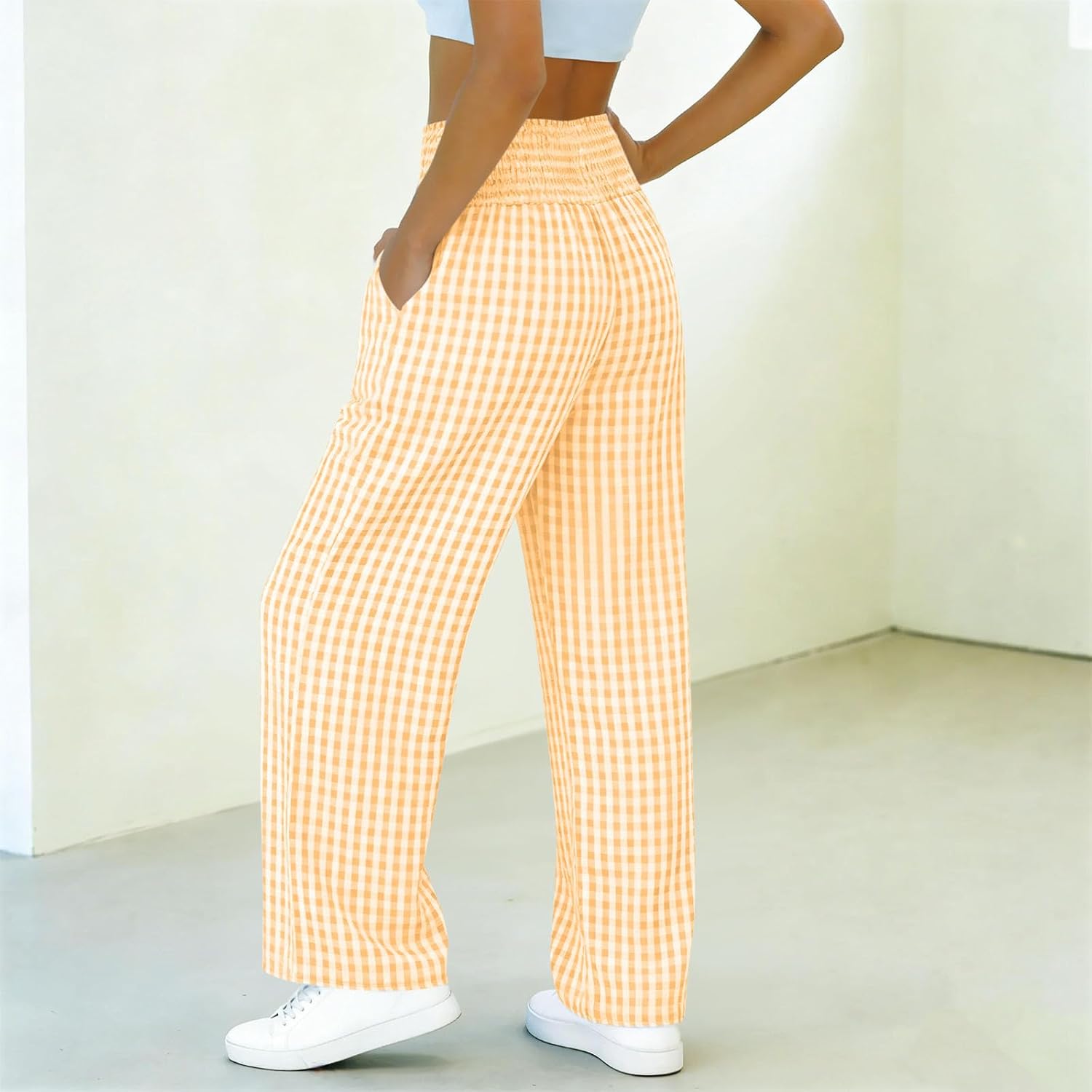 Womens Plaid Pants Casual Baggy Wide Leg Pajama Lounge Trousers Palazzo Pants Beach Vacation Outfits with Pockets