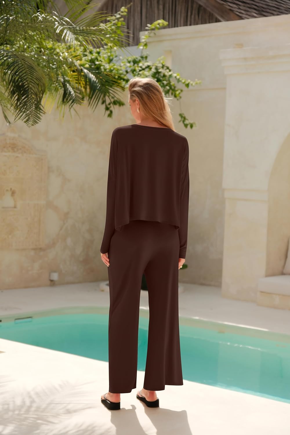 UNIANKIYA Womens 2 Piece Lounge Set Long Sleeve Oversized Crop Tops and Wide Leg Pants with Pocket Casual Pajama Matching Set - Image 5