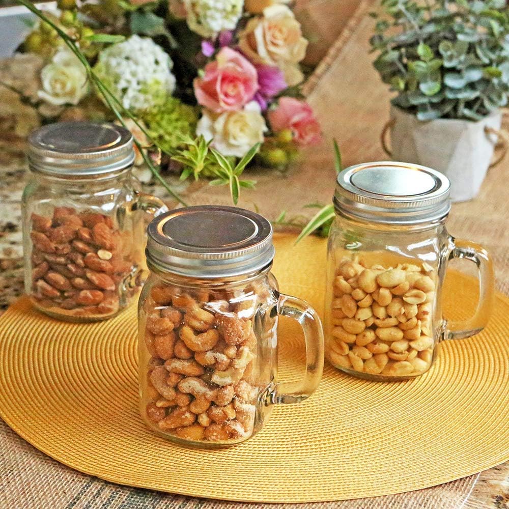 Kate Aspen Large Glass Jars with Lids and Handles, Mason Jars Mugs, Drinking Glass and DIY Favor Decor, Wide Mouth, 12 oz.(Set of 12)