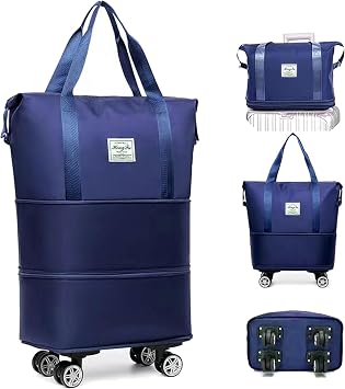 Expandable Foldable Duffel Bag with Detachable Rolling Wheels, Large Carry-On Luggage for Travel, Gym, Camping, Shopping, Business Trip Blue